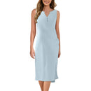 Breathable Summer Women Midi Dress Linen Blend Notch V Neck Dress Button Sleeveless Loose Fit Dresses Comfy Casual Beach Outfit