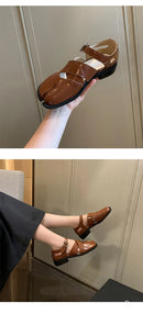 MKKHOU Fashion Sandals Women's New High Quality True Leather Split Toe Shoes Low Heel Hollow out Mary Jane Shoes Modern Shoes