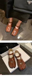 MKKHOU Fashion Sandals Women's New High Quality True Leather Split Toe Shoes Low Heel Hollow out Mary Jane Shoes Modern Shoes