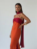 Fashion Women Color Blocking Scarf Collar Sling Dress Sexy Split Waist Cinching Bodycon Maxi Gowns 2026 Lady Club Party Vestidos