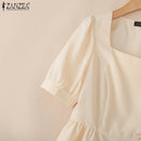 2025 ZANZEA Elegant Puff Sleeve Work Blouses Women Summer Shirts Square Neck Stylish Solid Buttons Tunic Tops Waisted OL Blusas