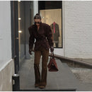 Women Fashion V-neck Lapel Belt Leather Jacket Chic Lace Up High Waist Full Sleeve Overcoat 2025 Lady Autumn High Street Outwear