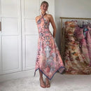 Chic Printed Women's Dress Halter Sleeveless Irregular Waist-Closed Lady Dresses 2026 Summer Chic Female Vacation Holiday Robe