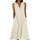 Breathable Summer Women Midi Dress Linen Blend Notch V Neck Dress Button Sleeveless Loose Fit Dresses Comfy Casual Beach Outfit