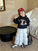 Korean Girls 2024 Navy Blue Cute Rabbit Sweatshirt+ White Lace Cake Skirt Girl 2pcs Cotton Set Fashion Baby Spring Autumn Outfit