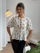 Plus Size Spring/Summer New Arrivals Romantic Holiday Bow-Pattern Puff Sleeve Tie-Front Blouse Casual Wear