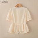 2025 ZANZEA Elegant Puff Sleeve Work Blouses Women Summer Shirts Square Neck Stylish Solid Buttons Tunic Tops Waisted OL Blusas