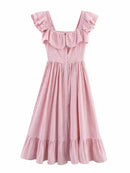 Flying Sleeve Ruffle Striped Slip Long Dress Women Elegant Square Collar Waist Cinching Pleat Party Dresses Chic Ladies Vestido