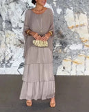 Female Elegant Floral Print Chiffon Boho Long Dress Spring Round Neck Women Pullover Dress Half Bat Sleeve Cake Skirt Dress