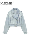 Nlzgmsj TRAF Women 2024 Autumn Winter Denim Coat Lapel Long Sleeve Short Jackets Lady Chic Loose Streetwear Women Jacket