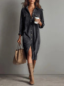 Retro Chic Women Midi Dress Corduroy Fabric Lapel Collar Popular Button Front Loose Fit Long Sleeve Comfy Casual Daily Outfit