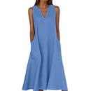 Breathable Summer Women Midi Dress Linen Blend Notch V Neck Dress Button Sleeveless Loose Fit Dresses Comfy Casual Beach Outfit