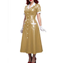 Elegant Women Midi Dress Shiny PVC Leather Turn-down Collar Patchwork Single-Breasted Long Dress Party Club  A-line Female Dress