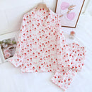 Spring New Ladies Pajamas Set Heart Printed Crepe Cotton Double-layer Gauze Turn-down Collar Long-sleeve Trousers Household Wear