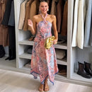 Chic Printed Women's Dress Halter Sleeveless Irregular Waist-Closed Lady Dresses 2026 Summer Chic Female Vacation Holiday Robe