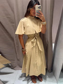 Women Trench Style Midi Dress Stand Collar Cape Overlay Short Sleeve Belted Waist A‑Line Dresses Autumn Elegant Office Outfits