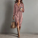 Retro Chic Women Midi Dress Corduroy Fabric Lapel Collar Popular Button Front Loose Fit Long Sleeve Comfy Casual Daily Outfit