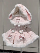 Japanese Lolita Two Pieces Set Women Sweet Patchwork Furry Slip Dress + Sweet Cute Rabbit's Ears Hooded Cape Coat JK Bow Suit