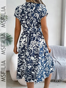 Msfilia Women's Spring Summer V Neck Short Sleeve Button Print A Line All Match Causal Long Dresses