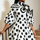 Black Polka Dot Flower Print Women Midi Dress High Neck Puff Sleeve Waist A-Line Casual Daily Party Dress