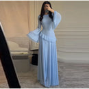 Fashion Flare Sleeve Ruff Long Dress Women Solid O-neck High Waist Slim Pleated Maxi Dresses 2025 Lady Summer Chic Party Robes