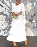 Female Elegant Floral Print Chiffon Boho Long Dress Spring Round Neck Women Pullover Dress Half Bat Sleeve Cake Skirt Dress