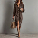 Retro Chic Women Midi Dress Corduroy Fabric Lapel Collar Popular Button Front Loose Fit Long Sleeve Comfy Casual Daily Outfit
