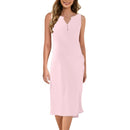 Breathable Summer Women Midi Dress Linen Blend Notch V Neck Dress Button Sleeveless Loose Fit Dresses Comfy Casual Beach Outfit