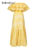 TWOTWINSTYLE Embroidery Elegant Dress For Women Slash Neck Short Sleeve High Waist Cut Out Midi Dresses Female Summer Clothing