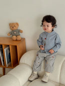 2026 Fall New Toddler Kids Pants Cotton Cartoon Embroidered Harem Pants Baby Boy Casual Striped Denim Baggy Trousers