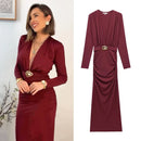 HXAO Elegant Midi Burgundy Dresses 2025 Spring Summer Women Long Sleeve Dress Fashion Party Evening Vintage Long Dress Vestidos
