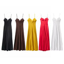 HH 2025 Women Red V-Neck Holiday Style Satin Texture Long Dress Sleeveless Summer Women's Back Zipper Fashion Sling Dresses
