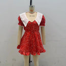 Red Floral Print Peter Pan Collar Dress Women Puff Sleeve V-neck High Waist A-line Mini Dresses Lady Evening Dinner Vestido 2026