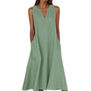 Breathable Summer Women Midi Dress Linen Blend Notch V Neck Dress Button Sleeveless Loose Fit Dresses Comfy Casual Beach Outfit