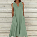 Breathable Summer Women Midi Dress Linen Blend Notch V Neck Dress Button Sleeveless Loose Fit Dresses Comfy Casual Beach Outfit