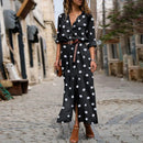 Summer Polka Dot Print Maxi Dress Women's Button Up Split Flowy Shirt Long Dresses Slim Long Sleeve Shirts Dresses With Belt