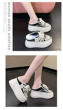 9.5cm Increasing Height Women Slippers 2024New Summer Autumn Canvas Mules Shoes Ladies Round Toe High Wedge Platform Slides Shoe