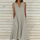 Breathable Summer Women Midi Dress Linen Blend Notch V Neck Dress Button Sleeveless Loose Fit Dresses Comfy Casual Beach Outfit
