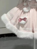 Japanese Lolita Two Pieces Set Women Sweet Patchwork Furry Slip Dress + Sweet Cute Rabbit's Ears Hooded Cape Coat JK Bow Suit