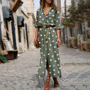 Summer Polka Dot Print Maxi Dress Women's Button Up Split Flowy Shirt Long Dresses Slim Long Sleeve Shirts Dresses With Belt