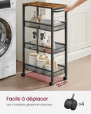 VASAGLE 4-Tier Trolley, Space-Saving Kitchen Cart with Wheels, Steel Frame, Handle, Trolley for Small Spaces, 22 x 45.5 x 77 cm