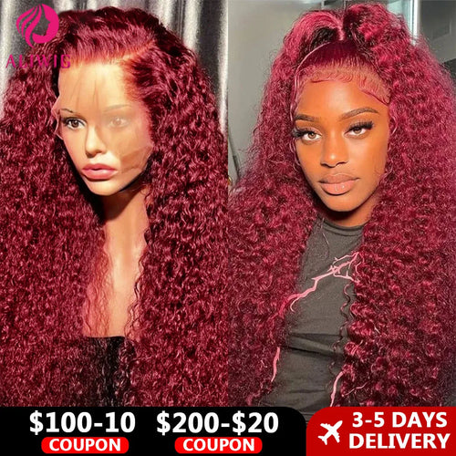 99J Burgundy Glueless Curly Human Hair Wigs For Women 13x4 Hd Lace Deep Wave Frontal Wig Wine Red Colored Curly Lace Front Wigs