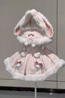 Japanese Lolita Two Pieces Set Women Sweet Patchwork Furry Slip Dress + Sweet Cute Rabbit's Ears Hooded Cape Coat JK Bow Suit
