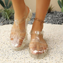 Summer Women's New Flats Sandals, Fashionable Hollow Casual Roman Sandals, Spring and Summer Non-Slip Beach Shoes Crystal Shiny Thick Heel Plastic Pvc Sandals