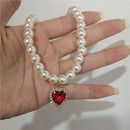 Kpop Vintage Red Love Heart Pendant Zircon Pearl Chain Choker Necklace For Women Party Aesthetic Jewelry Christmas Gift Hot Sale
