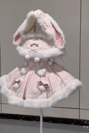 Japanese Lolita Two Pieces Set Women Sweet Patchwork Furry Slip Dress + Sweet Cute Rabbit's Ears Hooded Cape Coat JK Bow Suit