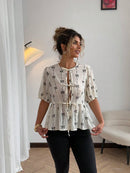 Plus Size Spring/Summer New Arrivals Romantic Holiday Bow-Pattern Puff Sleeve Tie-Front Blouse Casual Wear
