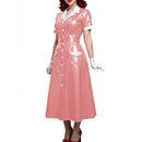 Elegant Women Midi Dress Shiny PVC Leather Turn-down Collar Patchwork Single-Breasted Long Dress Party Club  A-line Female Dress