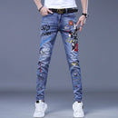 Fashion Printed Jeans Men's Korean Brand Embroidery Badge Pattern Youth Ripped Small Feet Teenagers Cowboy Pencil Pants