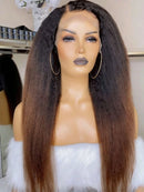 Natural Hairline 200 Density Ombre Brown Yaki Human Hair Kinky Straight Lace Front Wig for Women Baby Hair Pre Plucked Glueless